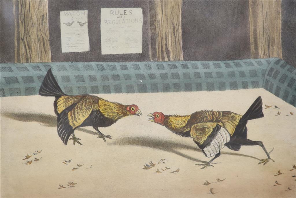 After Henry Alken, set of four coloured lithographs, Cock fighting scenes, 19 x 27cm